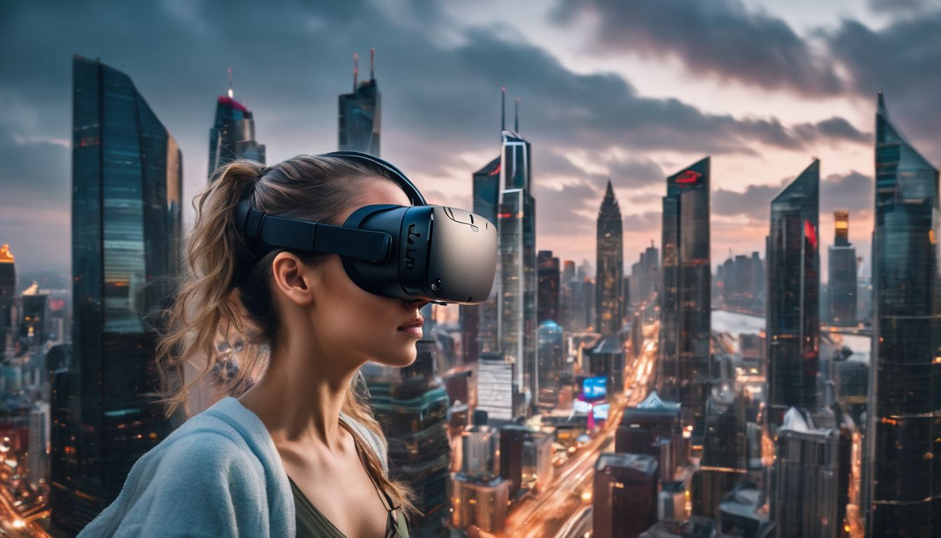A person wearing a VR headset in a futuristic city.