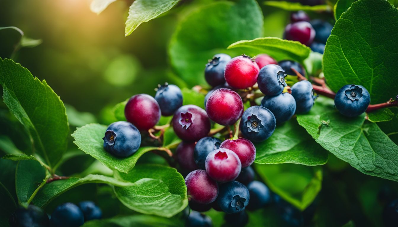 Ripe blueberries on a bush in a lush green environment.