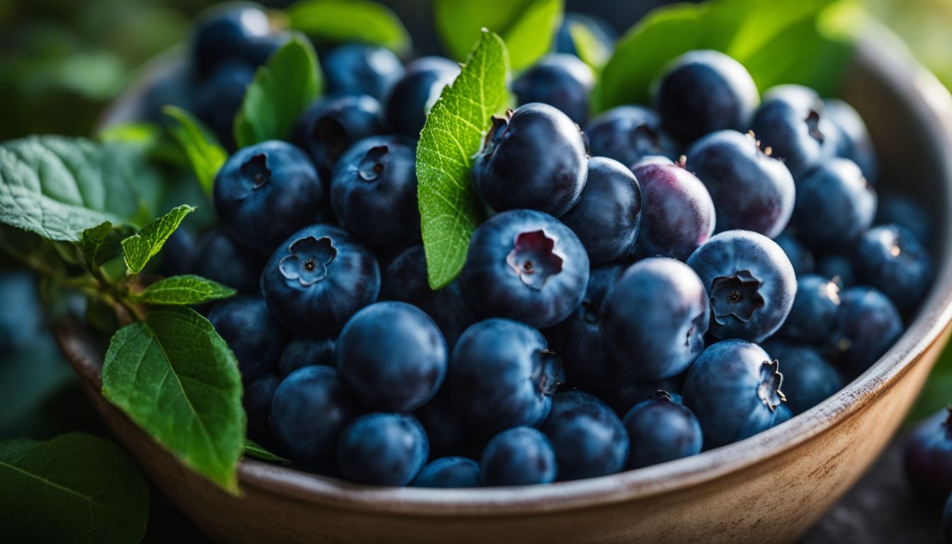 A close-up photo of a bowl filled with vibrant blueberries.