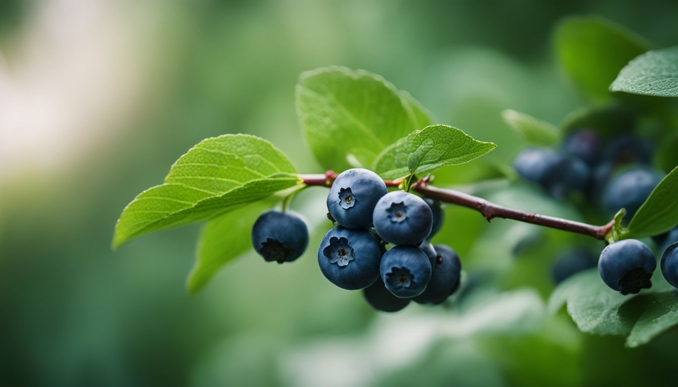 Close-up photo of ripe blueberries on a branch surrounded by leaves.
