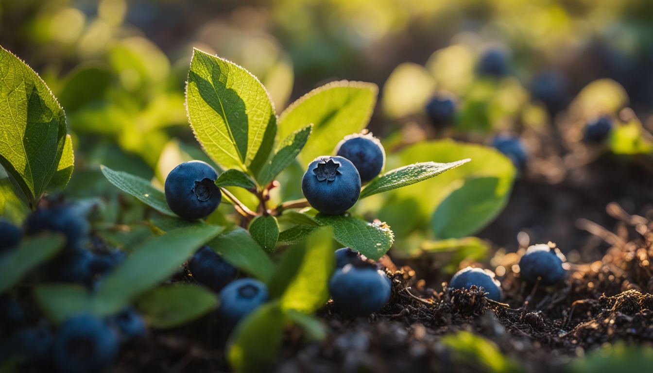 Close-up of freshly planted blueberry bushes in a sunny garden.