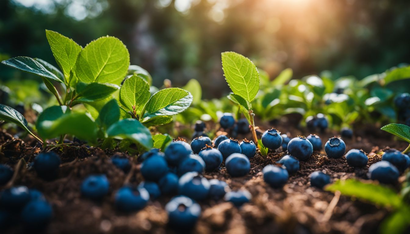 A photo of a blueberry plant surrounded by a well-maintained garden.