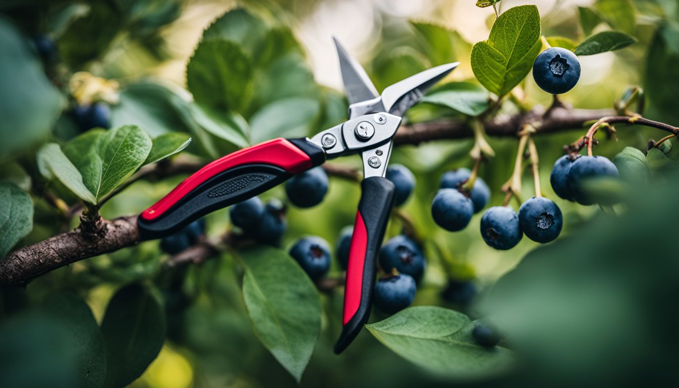 A photo of pruning shears on a blueberry bush in a garden.