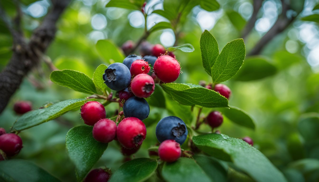 Thriving blueberry bush surrounded by lush green foliage, no humans present.