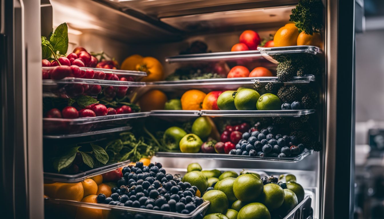 Fresh blueberries stored in a refrigerator among other fruits and vegetables.
