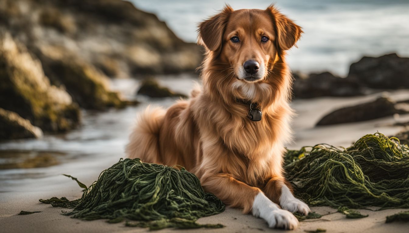 A dog sits on a beach surrounded by seaweed.