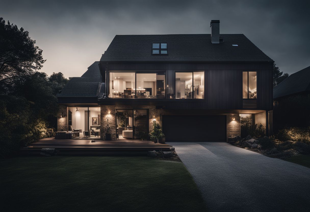 A dark house without smart home features is contrasted with a well-lit landscape featuring various people and outfits.