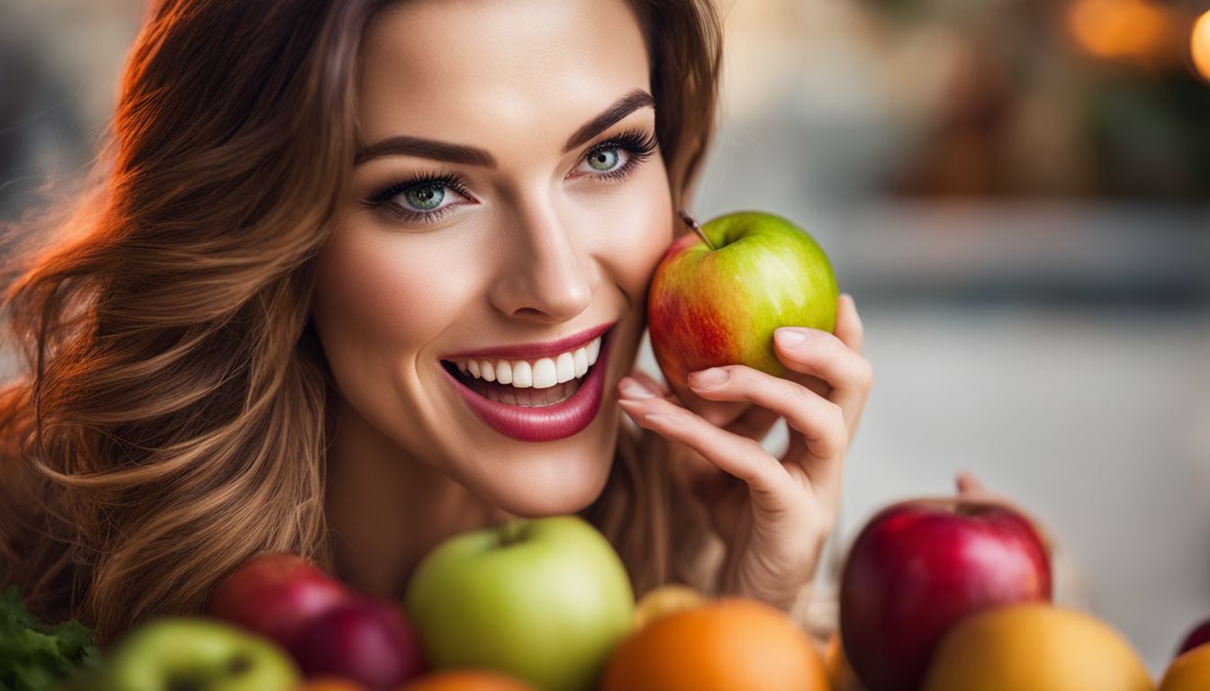 A smiling woman bites into an apple surrounded by fruits and vegetables.