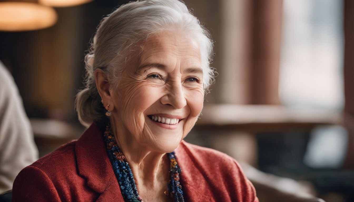 A smiling senior wearing hearing aids engaged in conversation with friends.