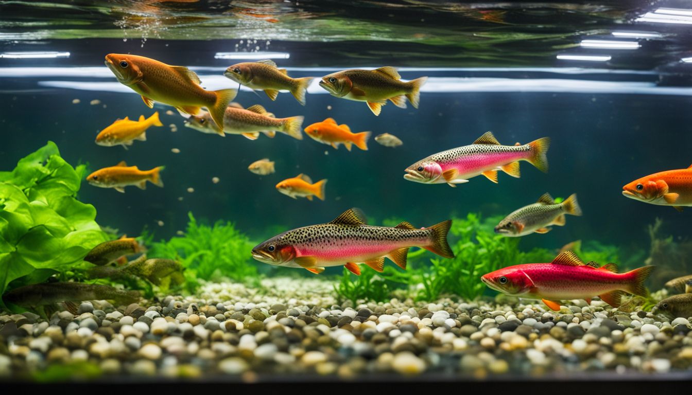 A vibrant school of trout swimming in a clear aquaponics tank, captured in a stunning photograph.