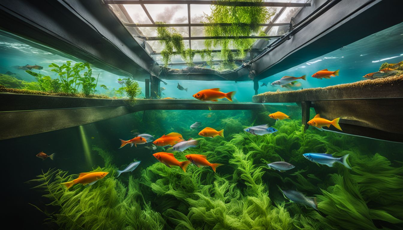 A vibrant school of fish swimming among underwater plants in a cold-water aquaponics system.