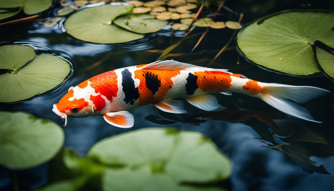 The photo shows a beautiful Koi fish swimming in a pond with various people of different ethnicities, hairstyles, and outfits.