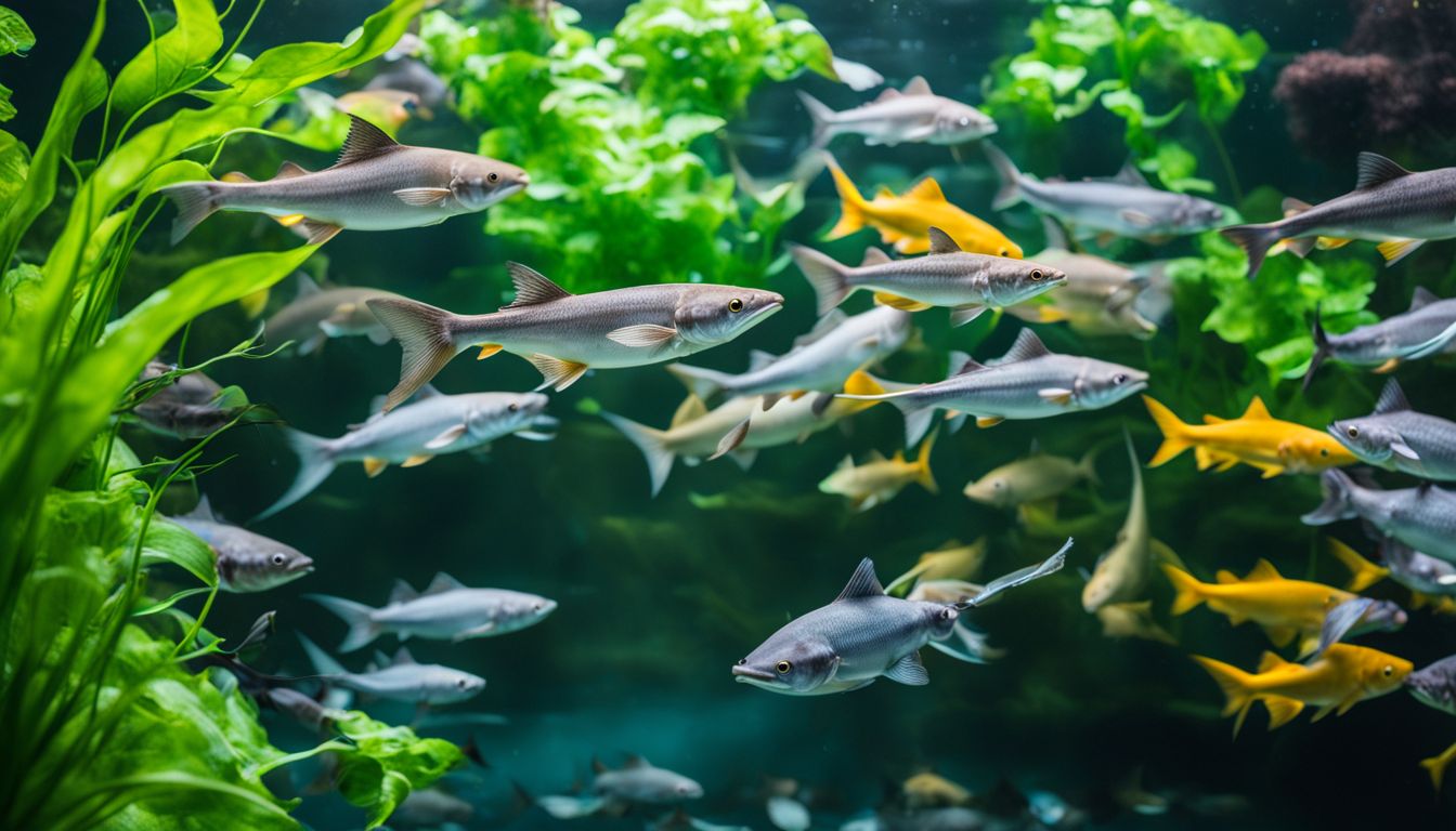 A school of catfish swim in an aquaponics tank as they display various faces, hairstyles, outfits, and a busy atmosphere.