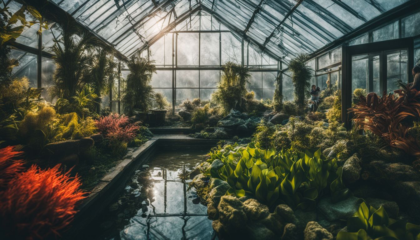 An underwater garden in a snowy greenhouse, with diverse people and vibrant nature in a well-lit, cinematic atmosphere.