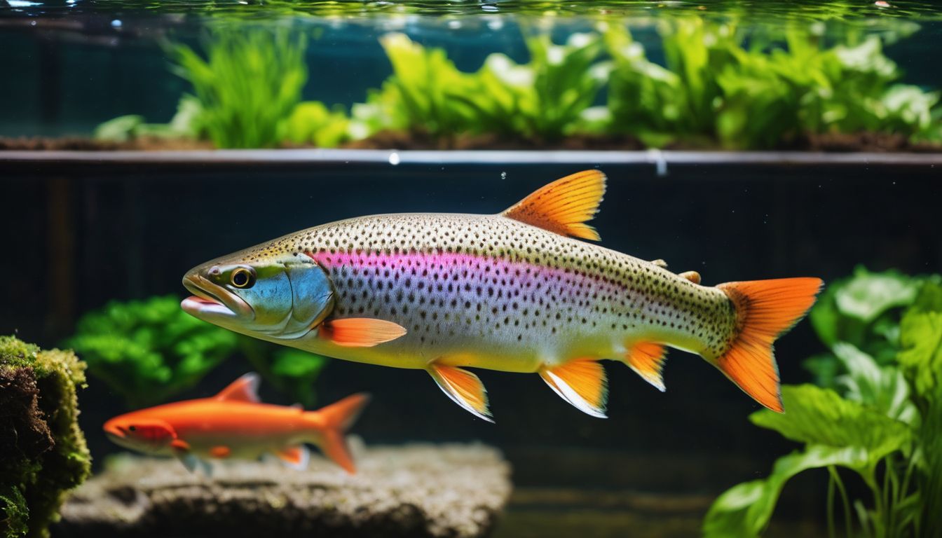 A diverse group of trout swim in a thriving aquaponics system, captured in a high-quality, vibrant photograph.