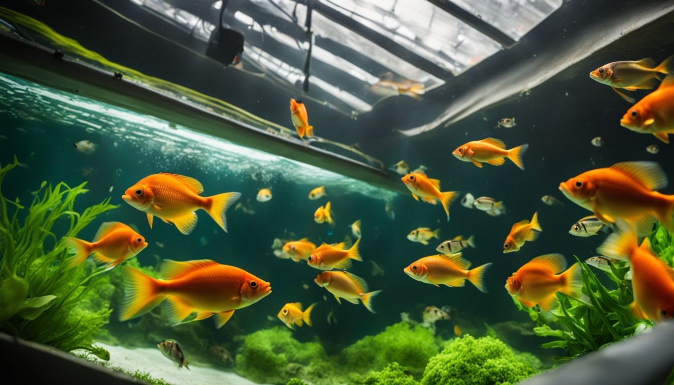 The photo showcases a diverse school of disease-resistant fish swimming in a pristine aquaponics tank.