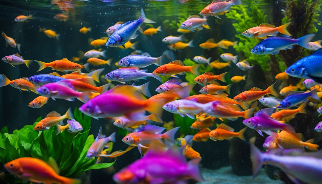 A photo of a colorful school of fish swimming in a clear aquaponics tank, with diverse people and outfits in the background.