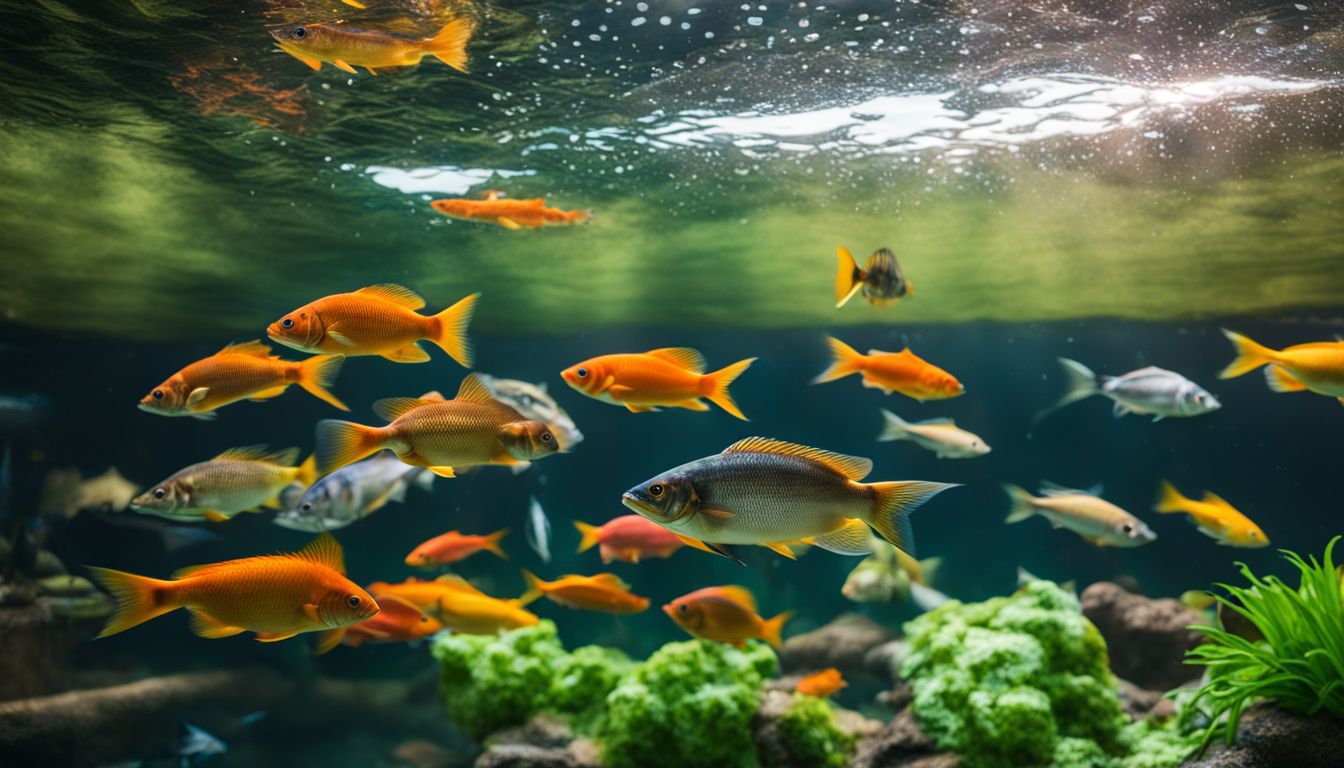 A diverse array of fish swim in a cold-water aquaponics system in a bustling atmosphere.
