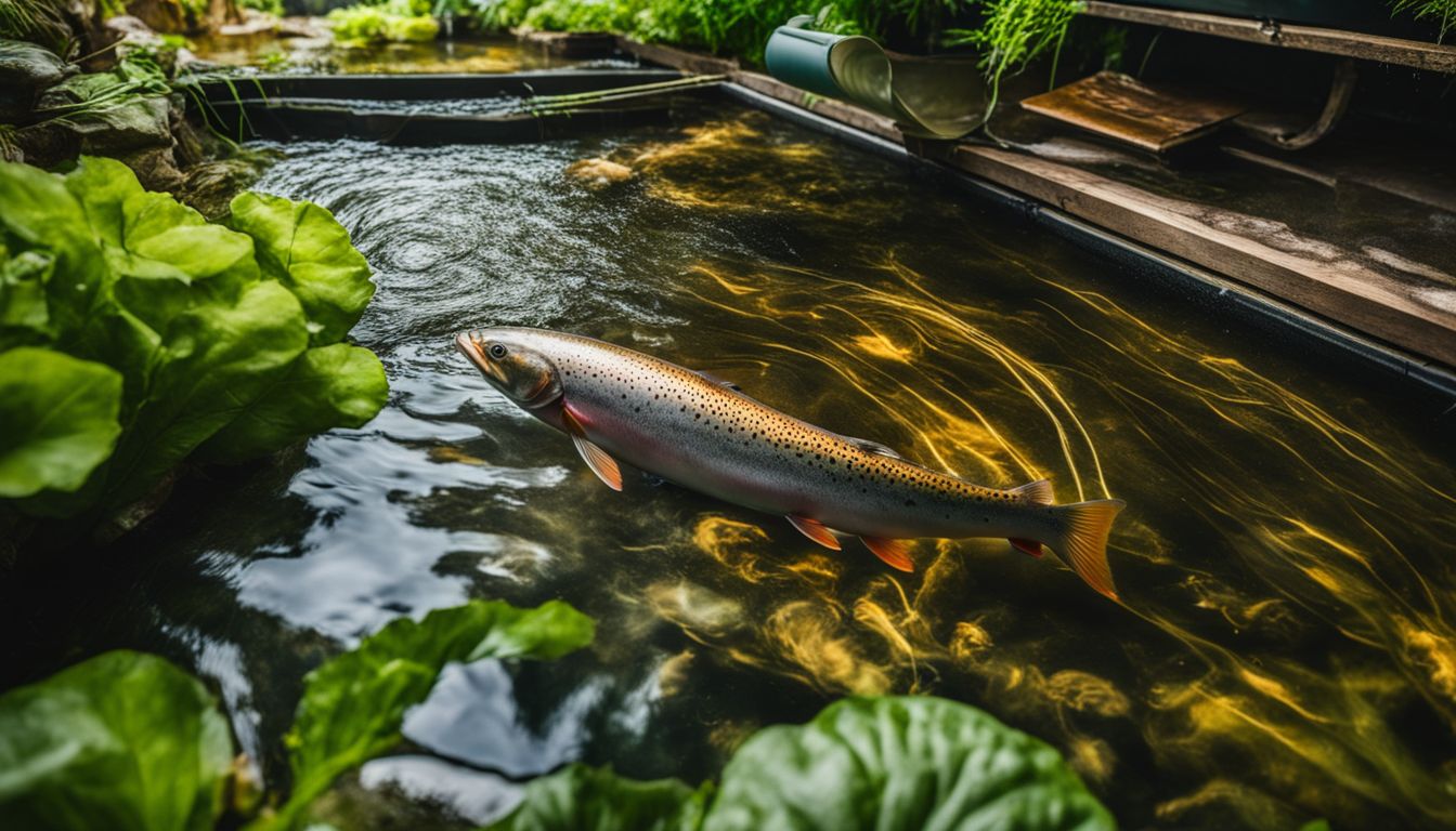 A photo of Trout swimming in an aquaponics system surrounded by lush greenery, with diverse faces, hair styles, and outfits.