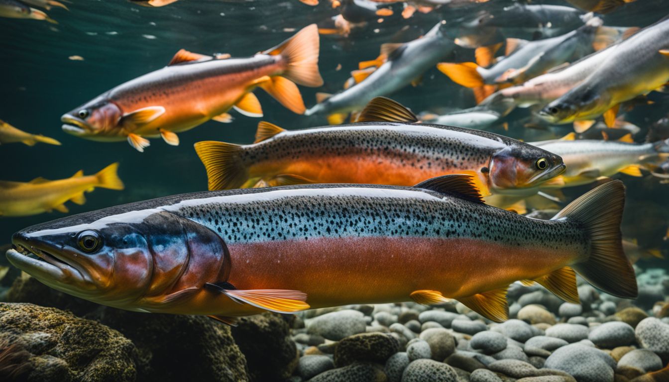 A photo of a school of colorful salmon swimming in a clear river, taken with a high-quality camera.