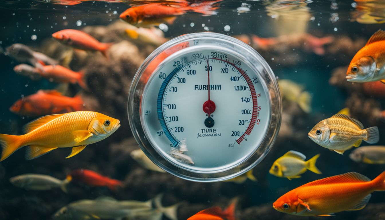 The image shows a thermometer in water surrounded by various fish species, with people of different ethnicities and styles observing them.