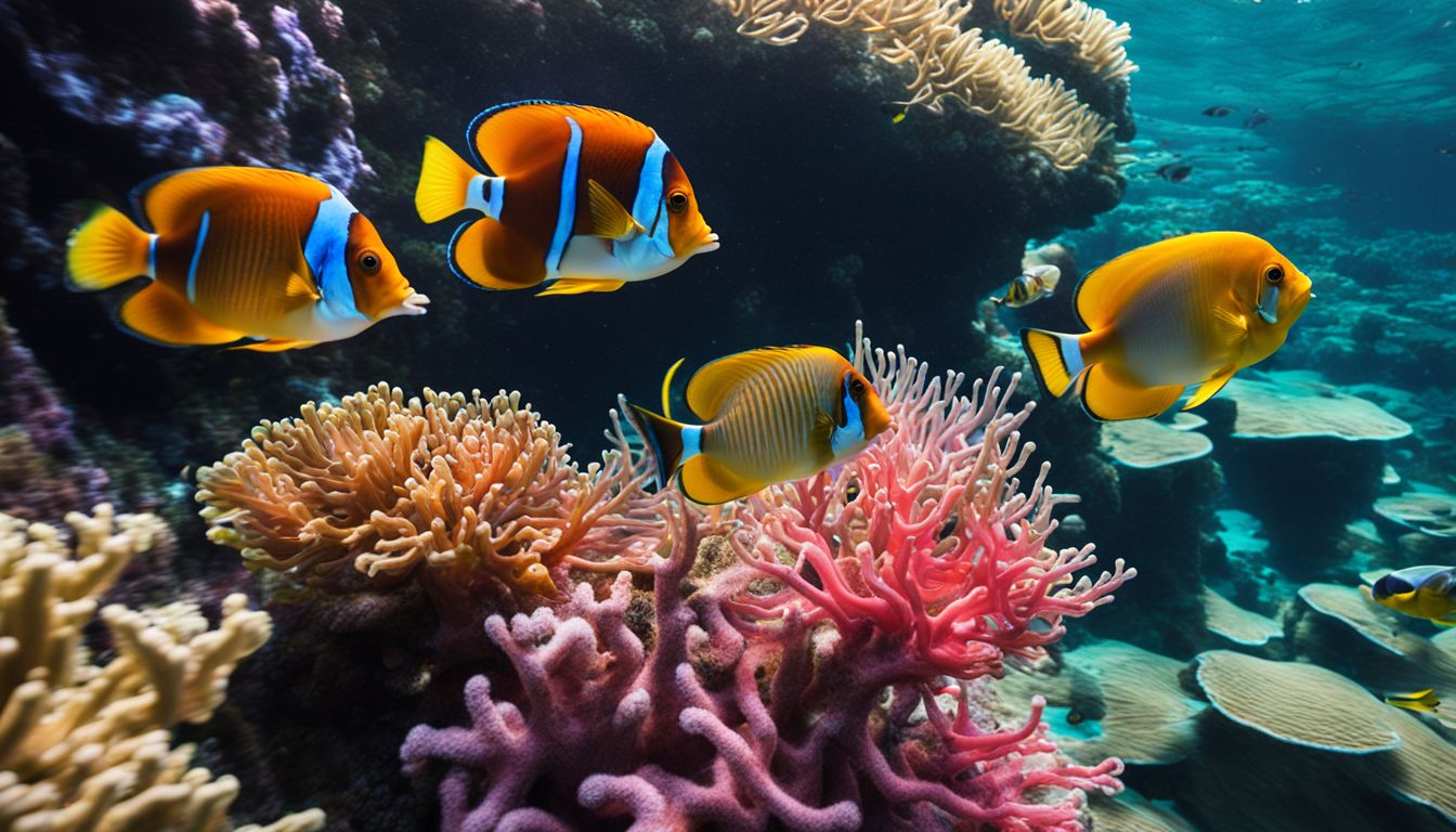 A lively underwater scene showcasing a diverse group of colorful fish and coral reefs.