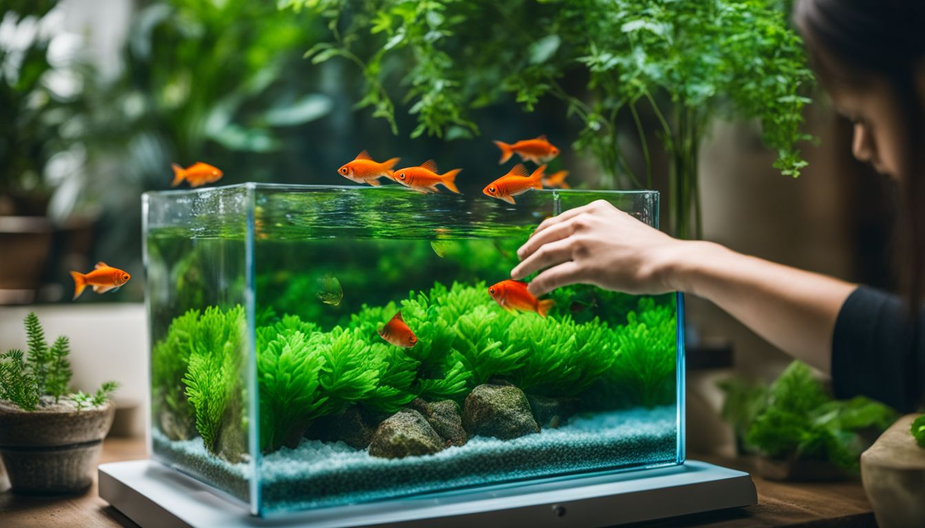 A photo capturing the release of fish into a tank with vibrant plants, showcasing diverse individuals and nature's beauty.