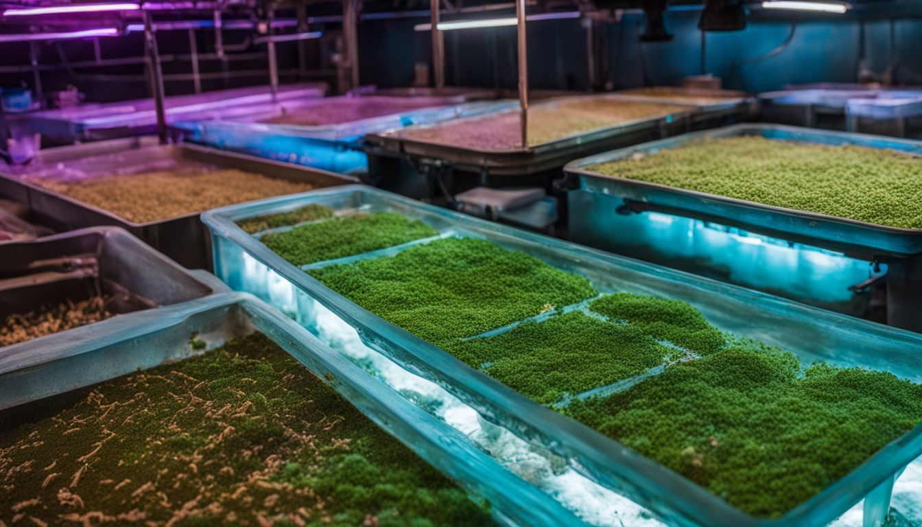 The photo captures vibrant bacteria colonies in an aquaponics system, showcasing the interaction between fish waste and plant roots.