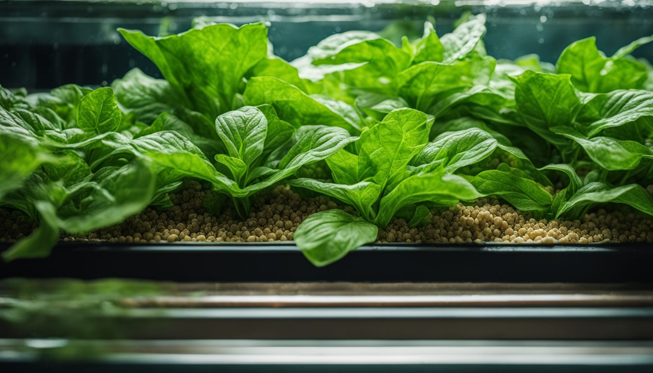 A close-up photo of a bustling aquaponics system with lush green plants, featuring people of various appearances.