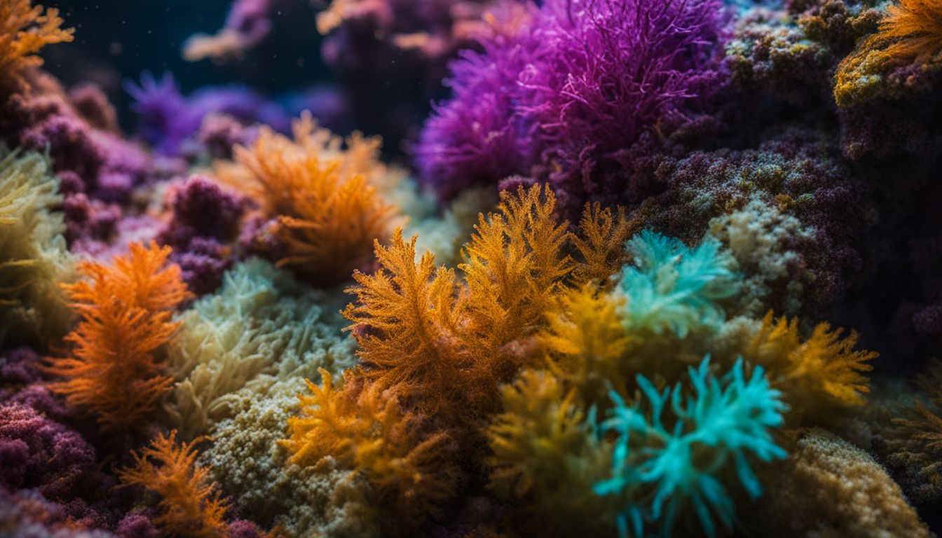 Close-up of a vibrant underwater surface covered in colorful biofilms, featuring a diverse group of people with various appearances and outfits.