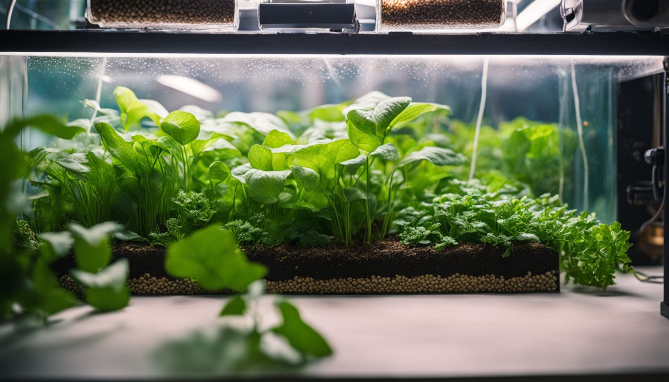A vibrant aquaponics system with lush plants, diverse people, and clear, high-quality photography.