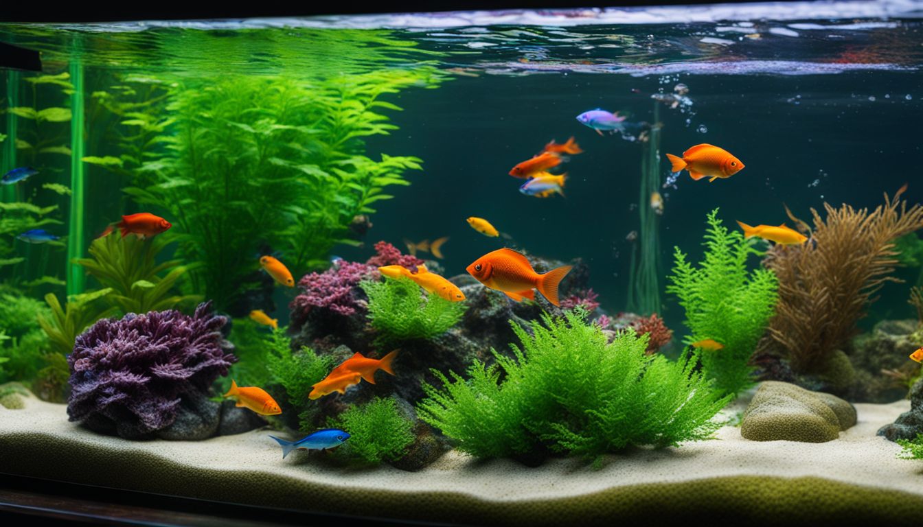A colorful aquarium with diverse fish and plants. The photo is high-quality and realistic, taken with a professional camera.