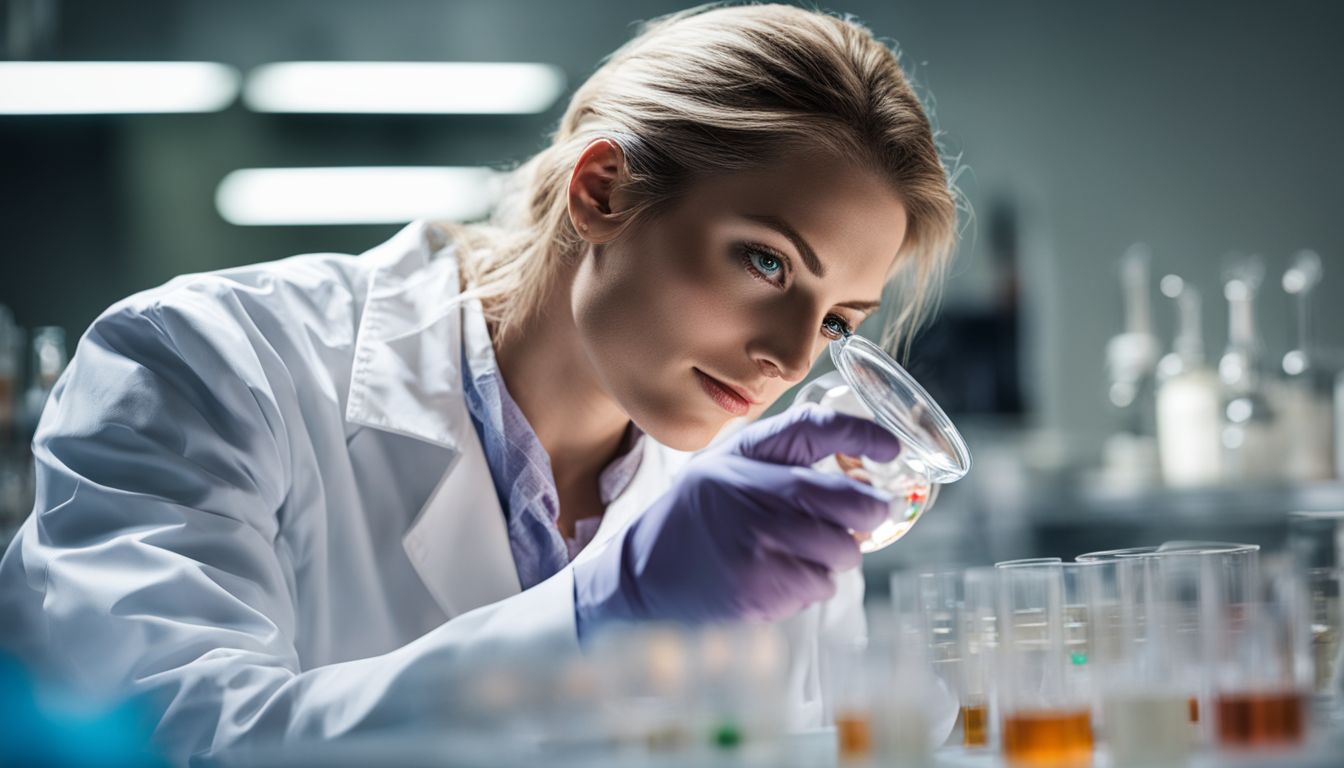 A scientist examines pathogenic bacteria in a lab, with attention to detail on their appearance and various human faces.