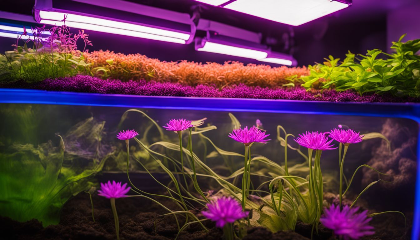 A vibrant photo of healthy aquatic plants in an aquaponics system, showcasing diverse people enjoying nature.