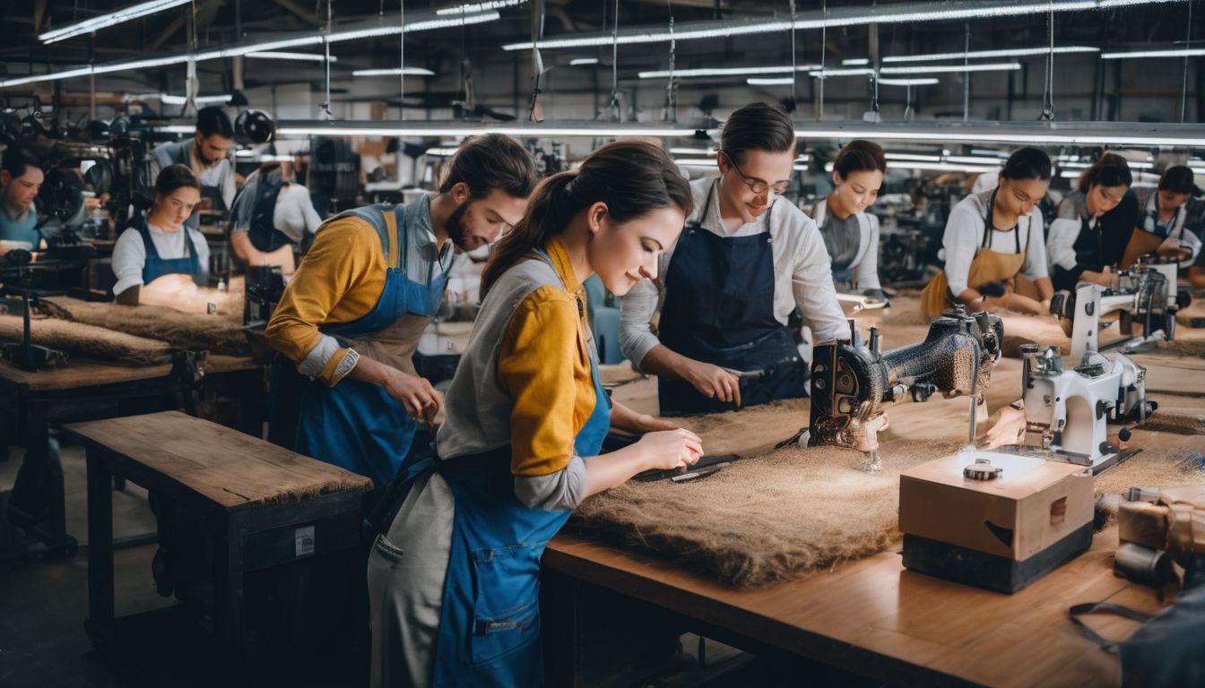A diverse group of workers in a sustainable fashion factory, focused and happy.