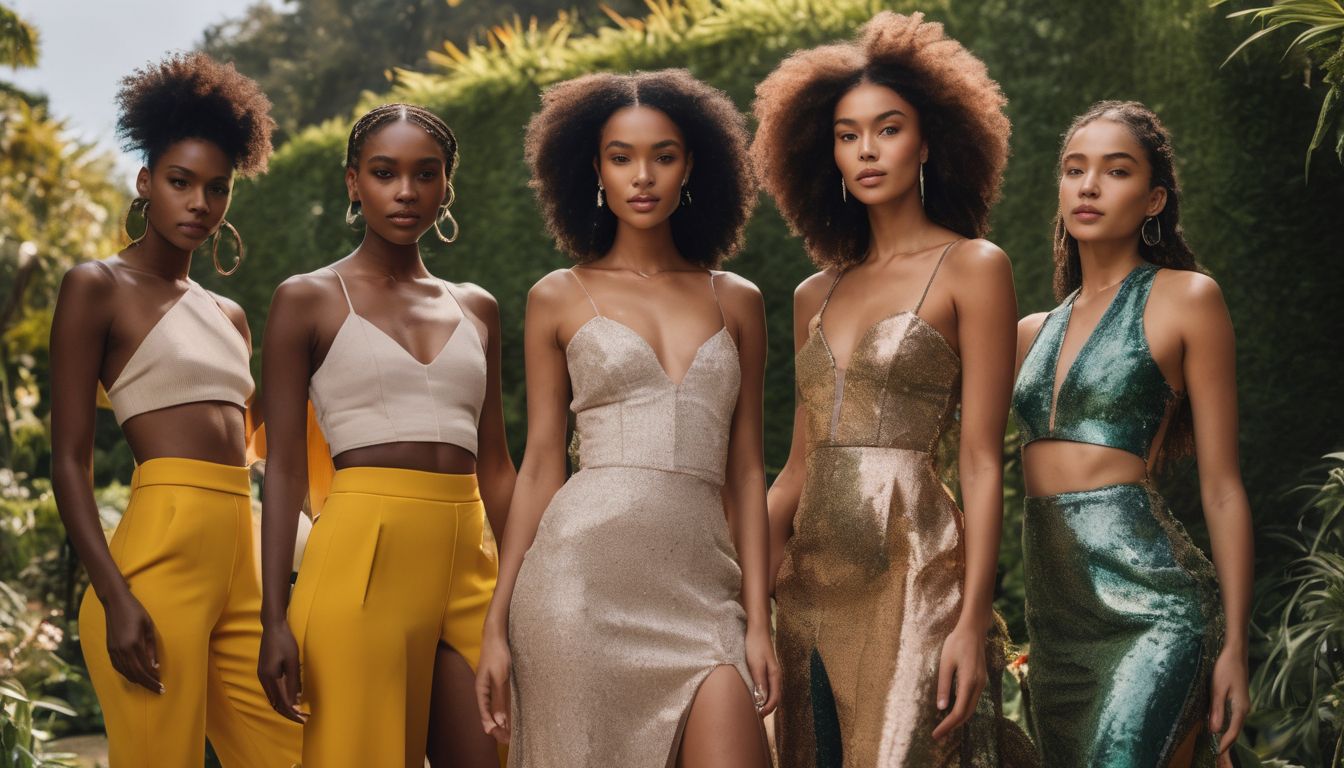 A diverse group of models showcase sustainable fashion designs in a lush garden setting.