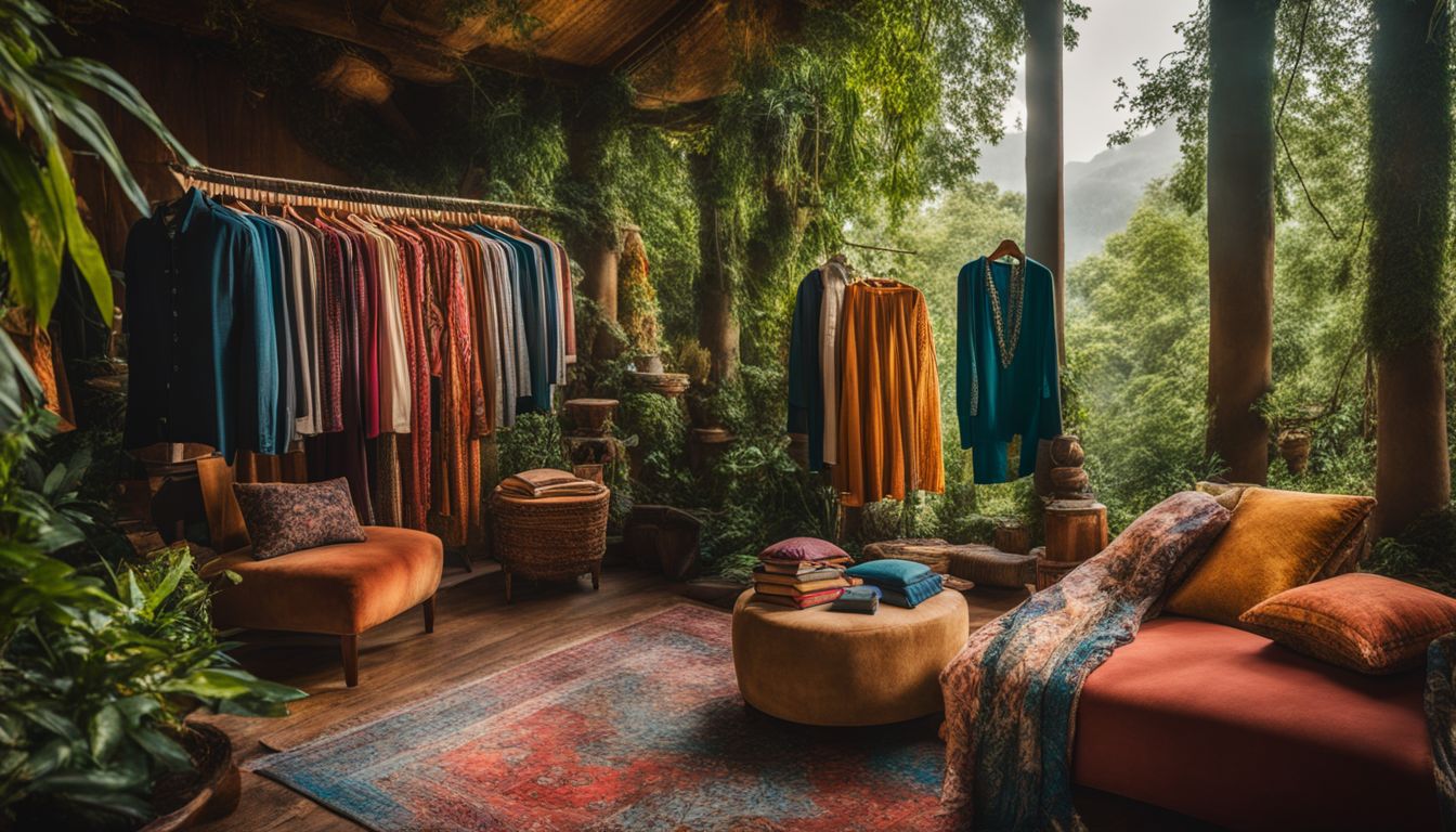 A vibrant display of sustainable clothes and accessories surrounded by nature, featuring diverse models and outfits.