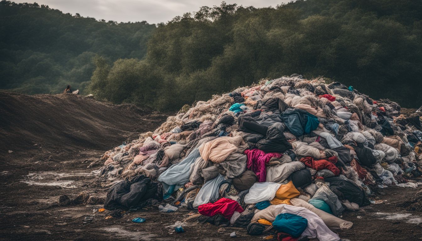 The image shows a pile of discarded clothes in a landfill surrounded by polluted water.