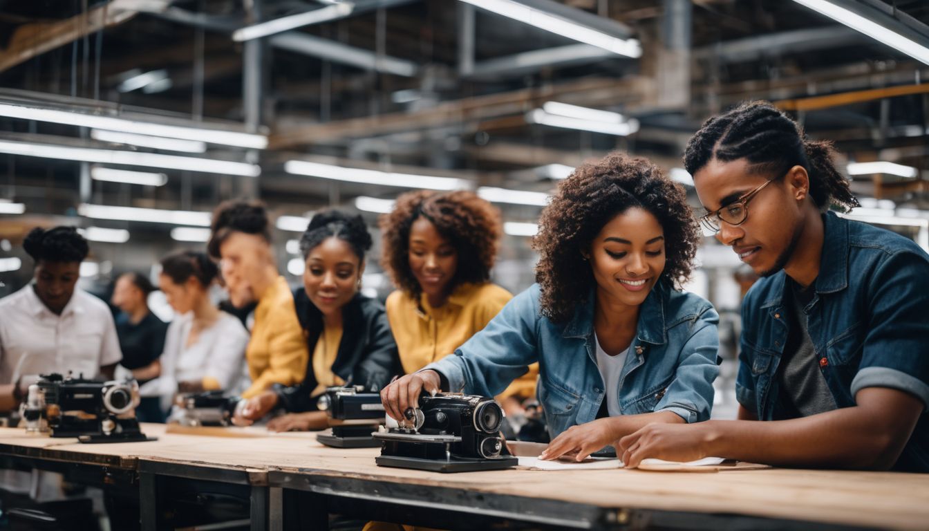A diverse group of fashion workers in a modern factory, showcasing different faces, hairstyles, and outfits.