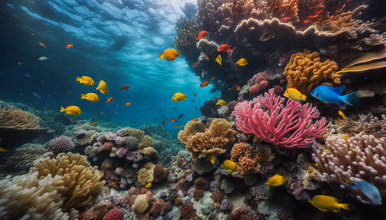 A vibrant coral reef is marred by the presence of plastic debris, while diverse individuals are depicted underwater.