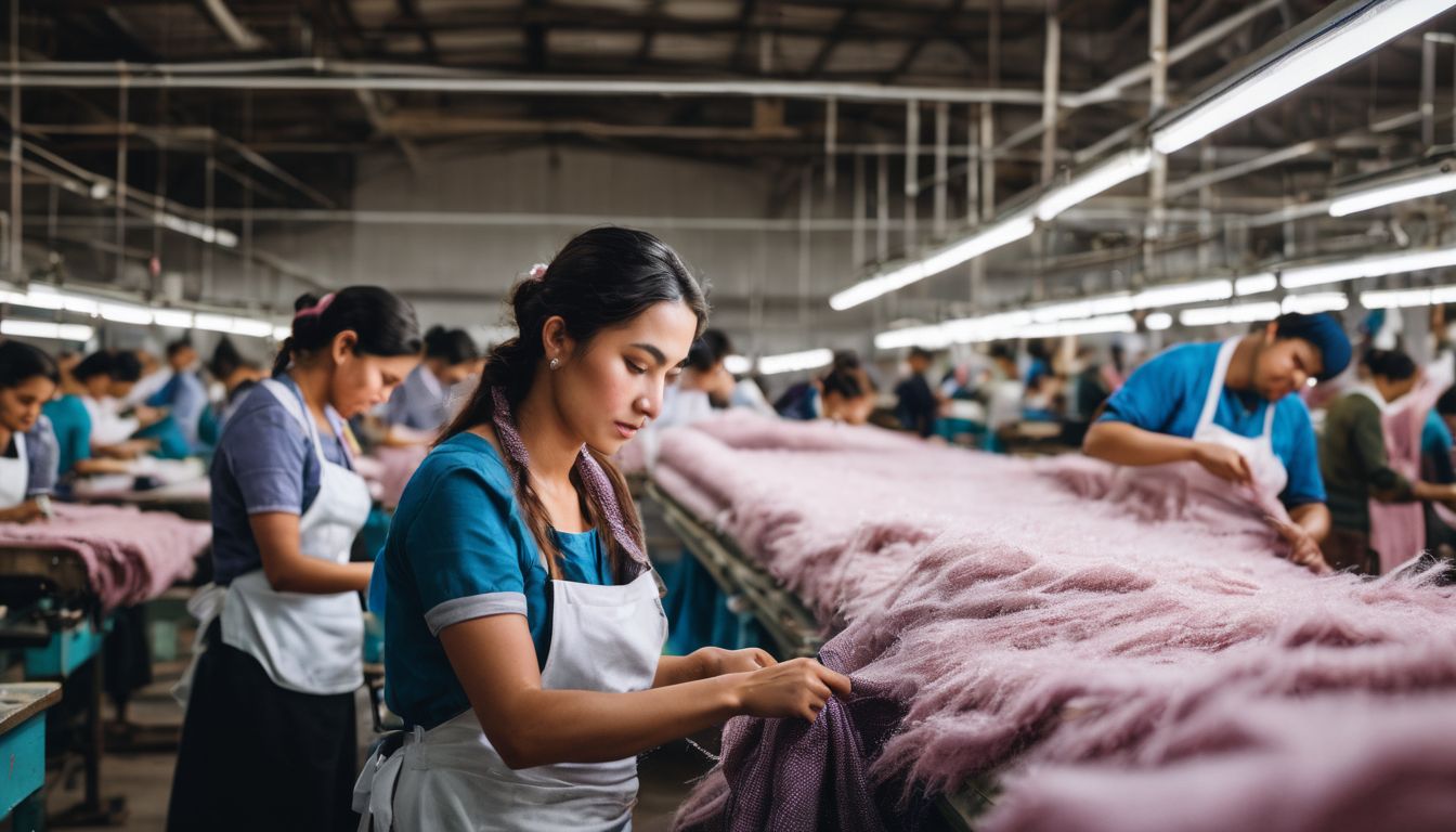 A diverse group of textile workers in a factory, highlighting fair wages and safe conditions.