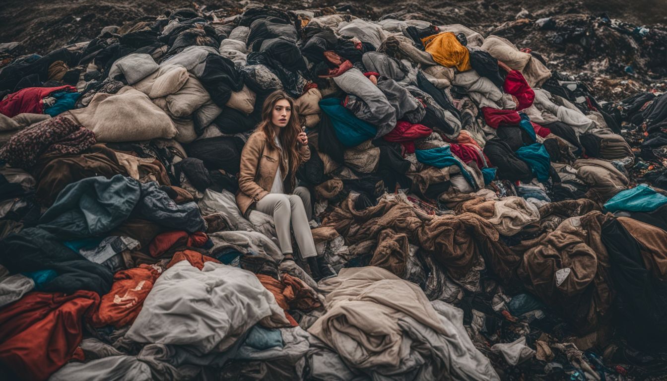 A photo of discarded clothing piled up in a landfill, surrounded by polluted waste, showcasing the impact of overconsumption and waste management issues.