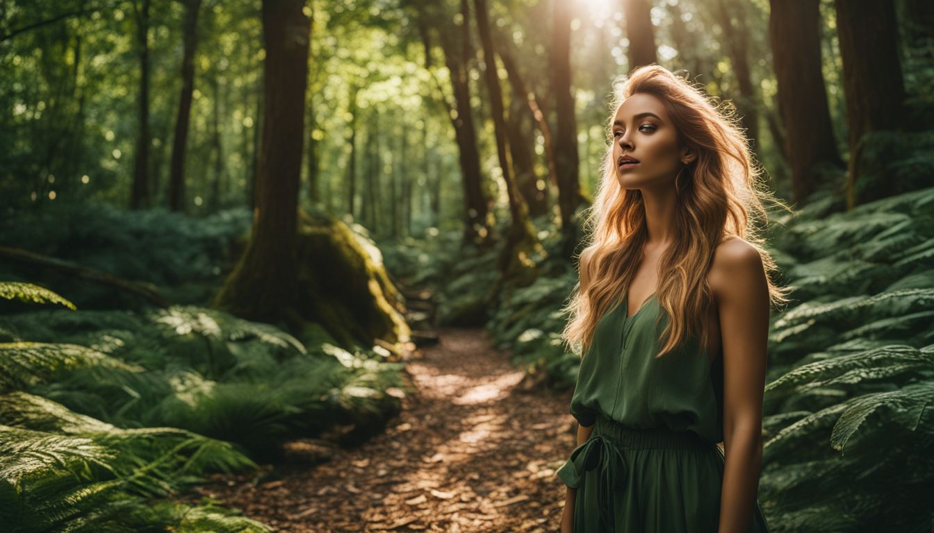A model wearing eco-friendly clothing poses in a lush green forest for a nature photography shoot.