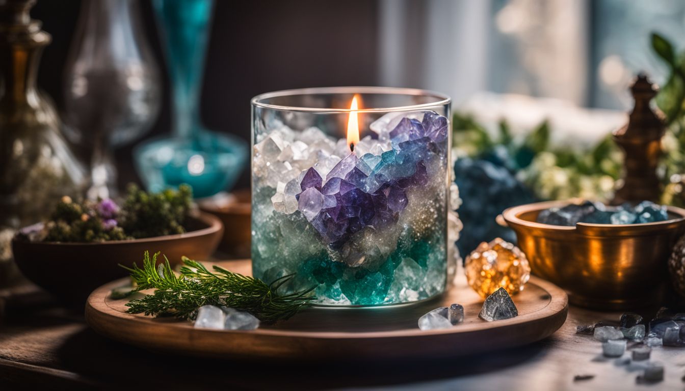 The photo features a candle adorned with crystals and herbs, surrounded by mystical objects, and diverse individuals in various outfits and hairstyles.