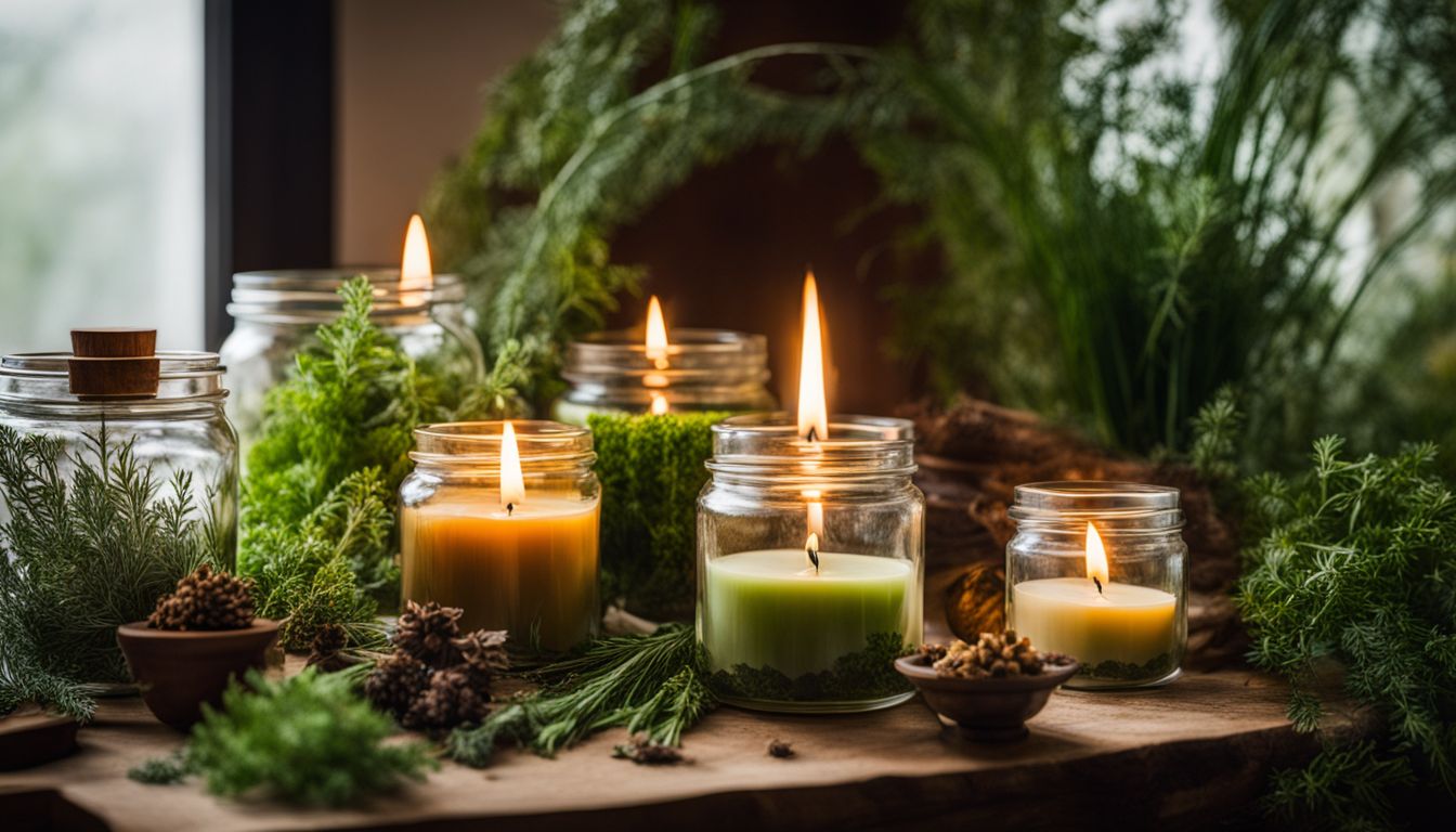 A photo of various herb-infused candles with botanical elements, featuring people of different backgrounds and styles.