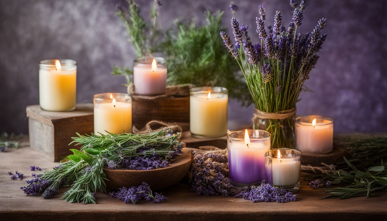A collection of herb-infused candles surrounded by lavender and mint sprigs, captured in a beautifully arranged and bustling atmosphere.