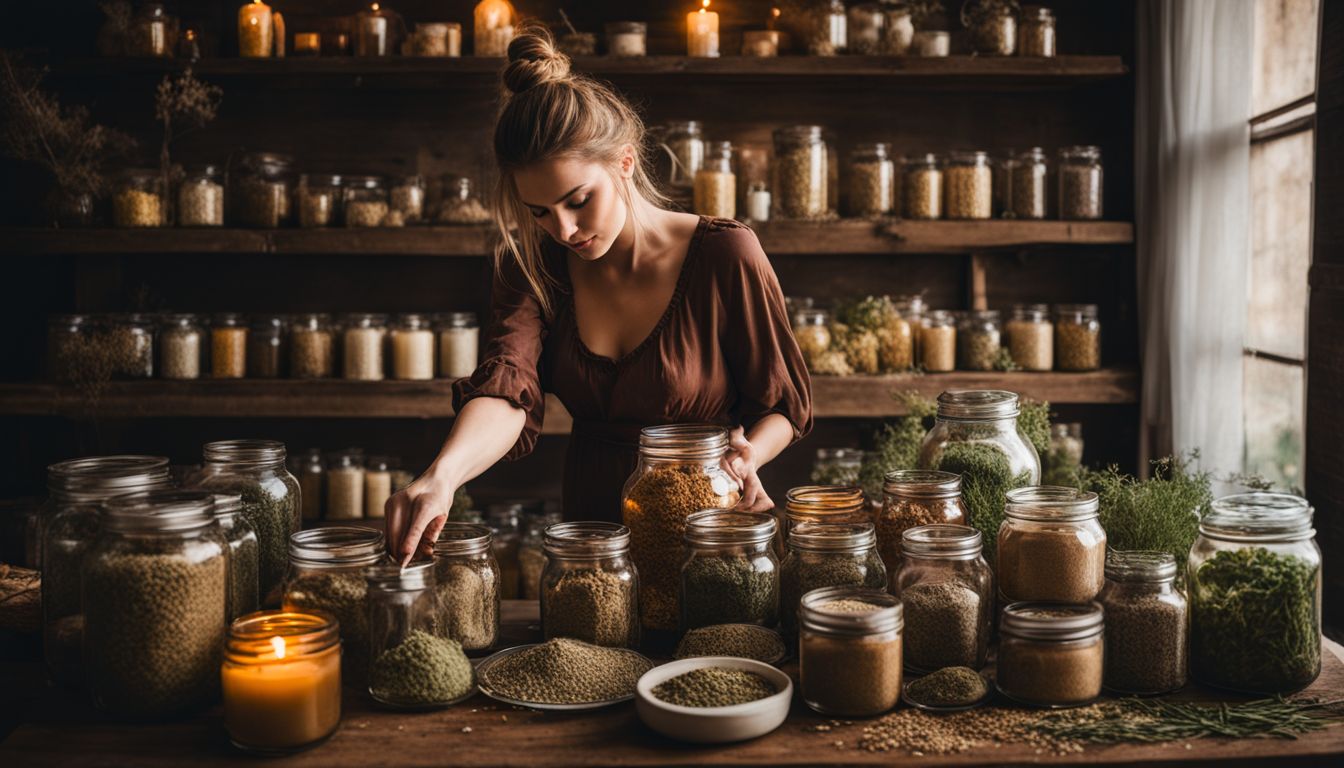 A Caucasian woman is shown engaged in various activities related to herbs, candles, and photography.