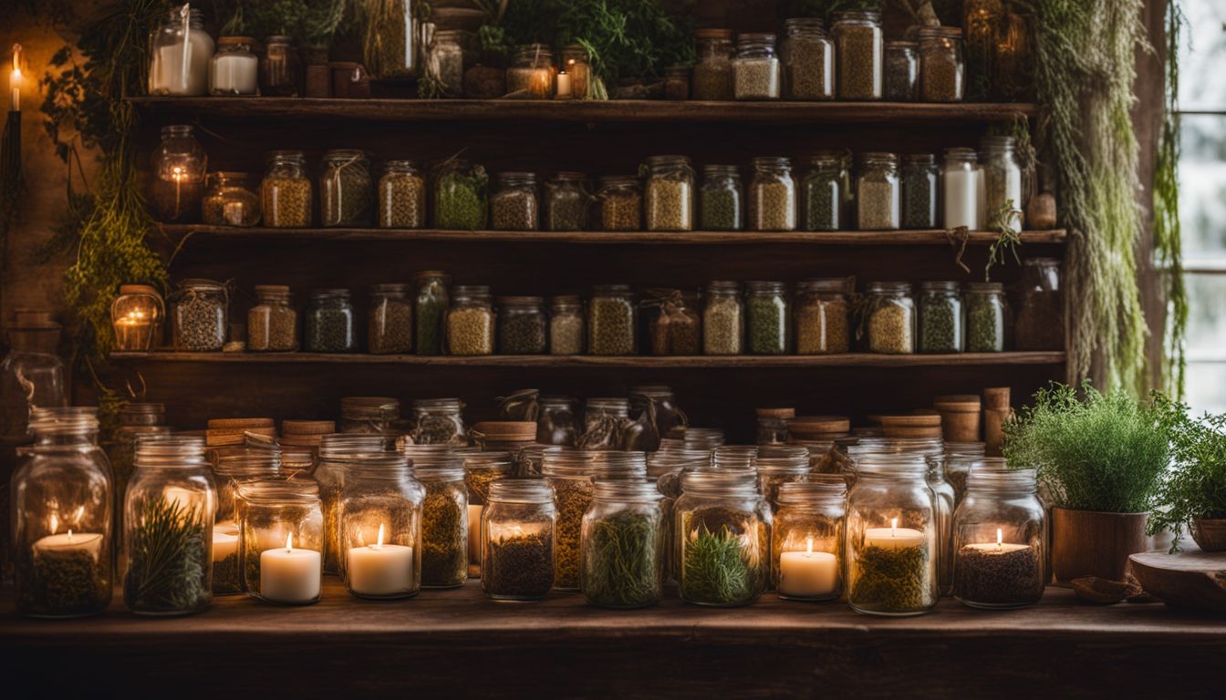 A collection of dried herbs and plants in glass jars with candles, showcasing diversity and natural beauty.