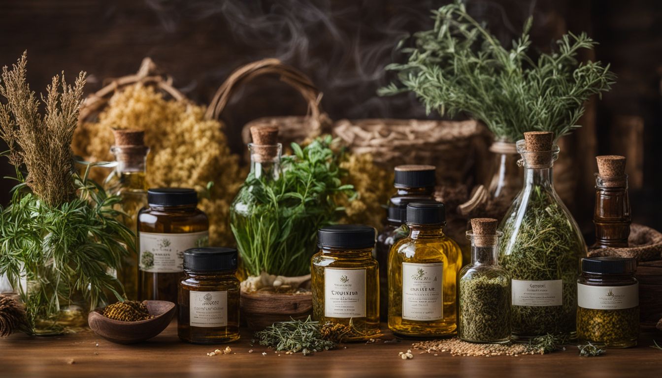A diverse collection of dried herbs and plants surrounded by bottles of infused oils in a vibrant and busy atmosphere.