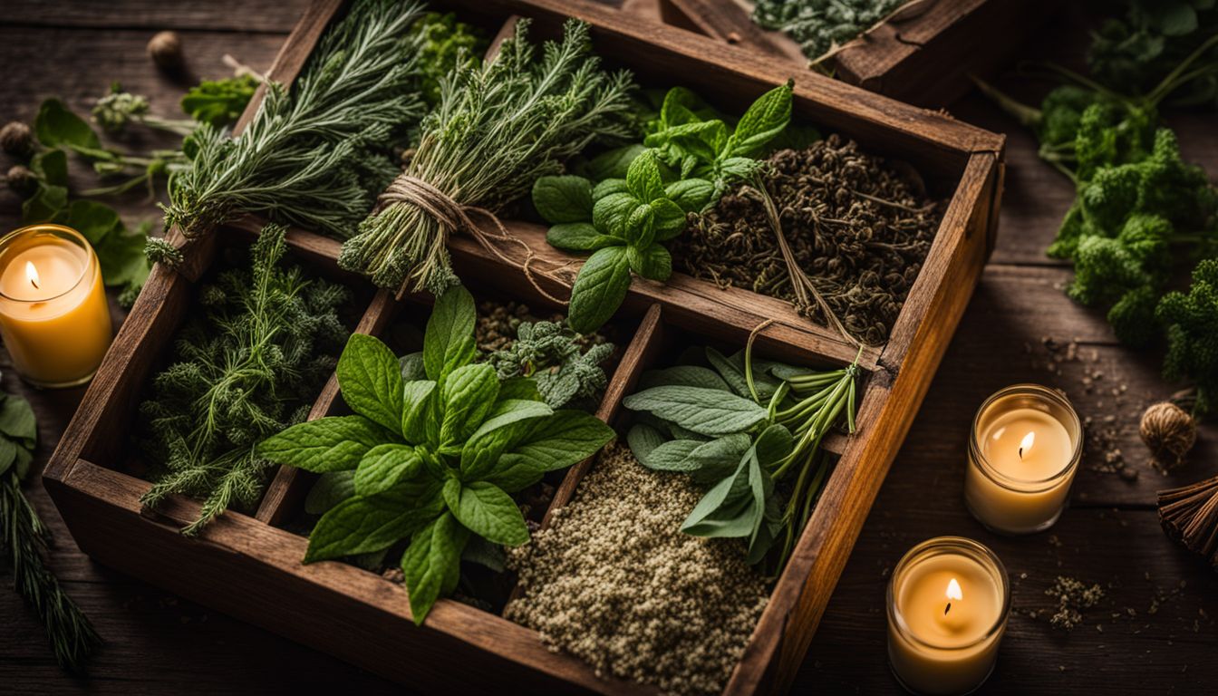 A collection of popular herbs for candle making arranged in a rustic wooden box, captured in a well-lit and natural setting.